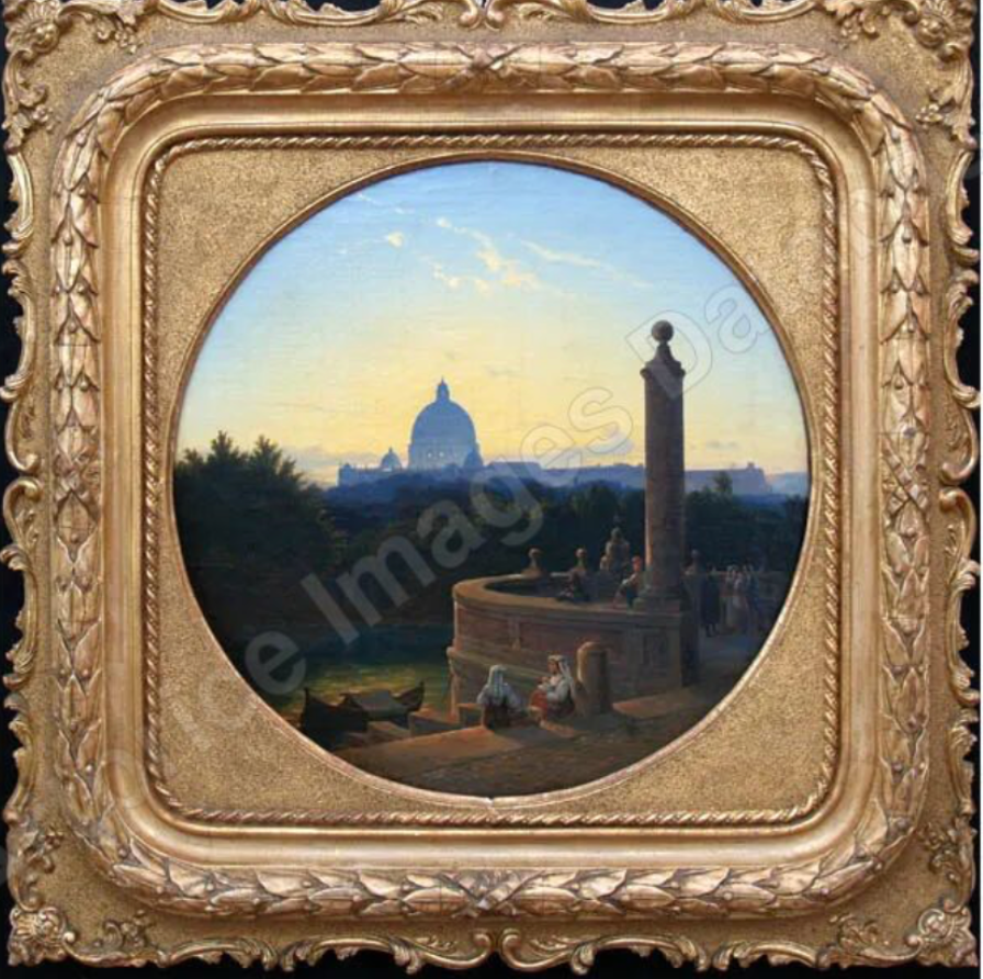Albert Zamett, Veduta della Cupola di San Pietro dall'Antico Porto di Ripetta, 1842
